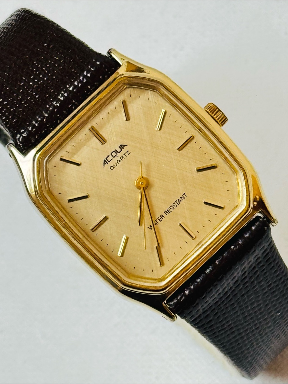 Vintage Timex Acqua Men's Dress Cut Corner Tank Watch Gold Brown Lizard Leather